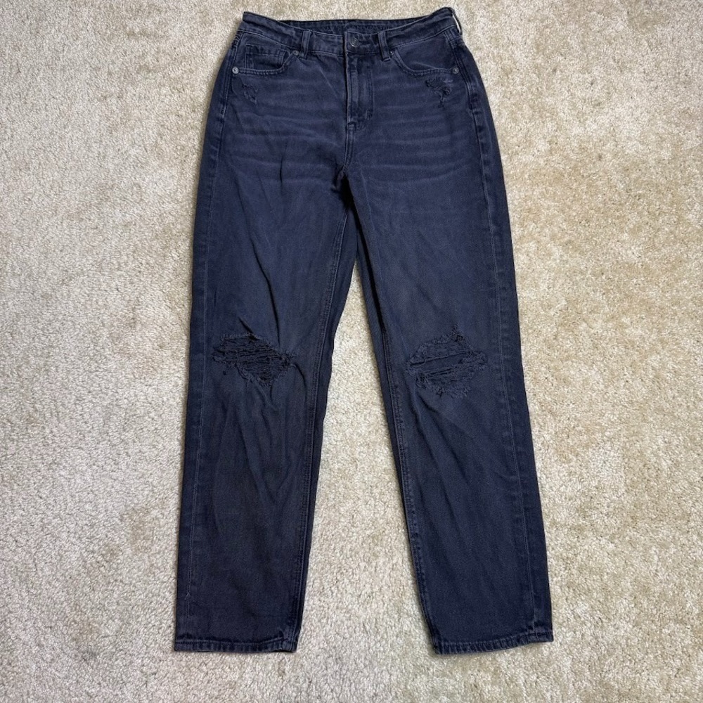 American Eagle Mom Straight Jeans Women's 4 Gray Distressed Ripped High Rise